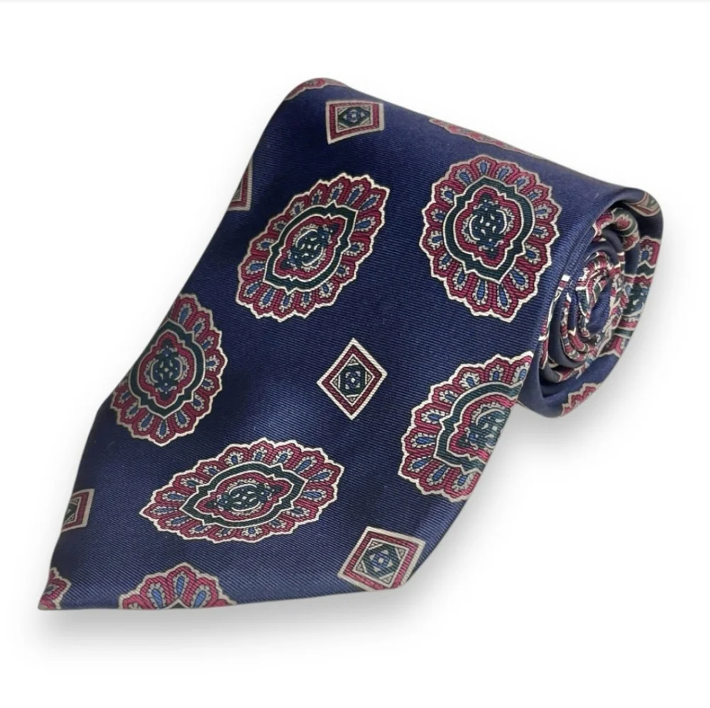 CHRISTIAN DIOR Tan & Dark Red Medallion Print Silk Tie VINTAGE